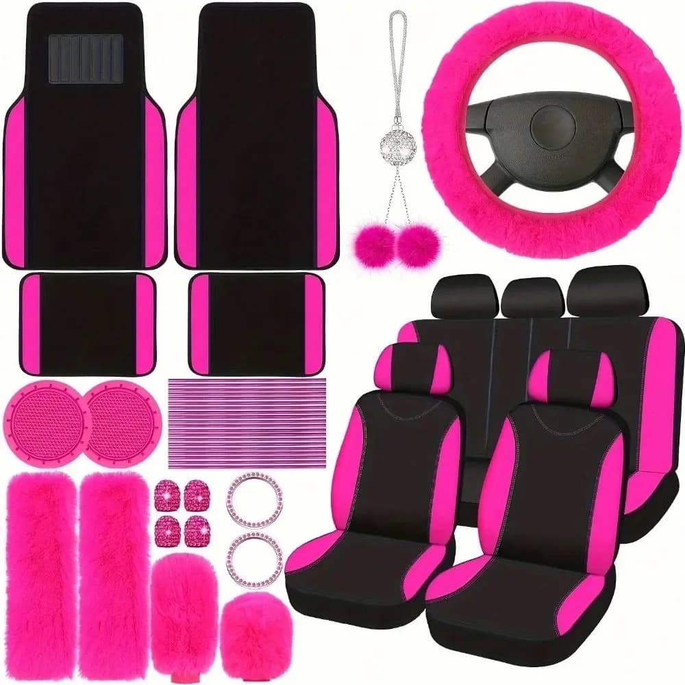 Set di Coprisedili Rosa per Auto, Coprisedili Completi Anteriori e Posteriori, Coprivolante in Peluche, Copricinture di Sicurezza, Tappetino Auto, Accessori per Aria Condizionata Auto