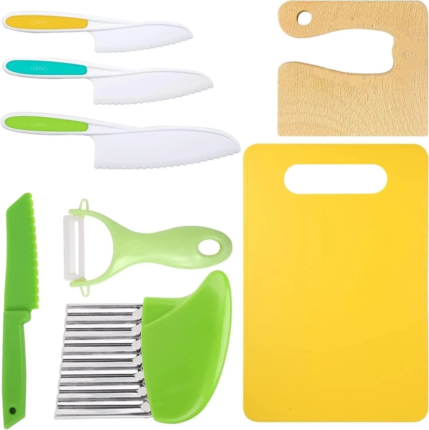 Set di 8 coltelli da cucina in legno per bambini - Coltelli in plastica sicuri, affettapatate, taglia sandwich, pelapatate e tagliere