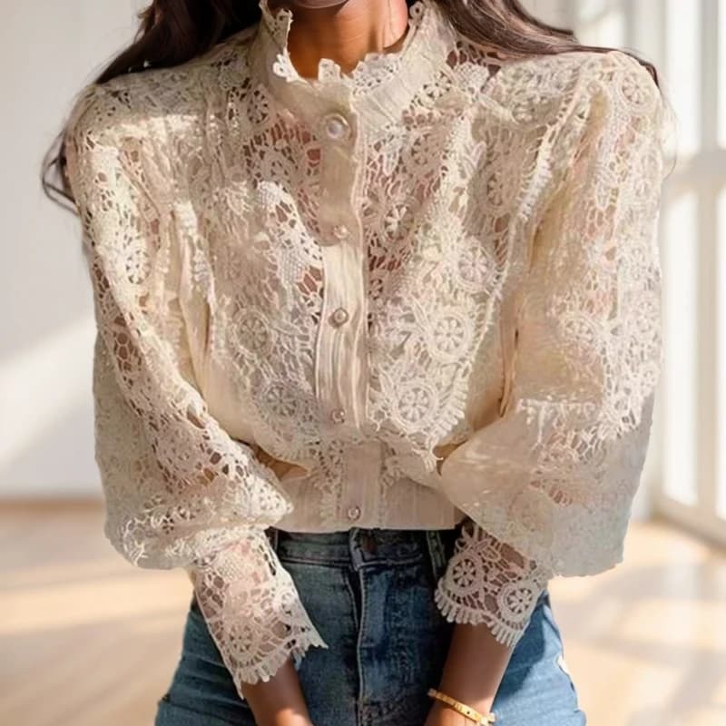 Camicette di pizzo con maniche a petalo di moda camicie da donna con colletto alla coreana camicetta da donna con Patchwork scava fuori Blusas 410G