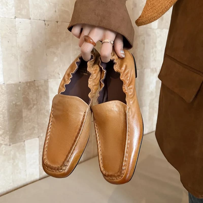 Women Classic Style Simple Shoes Natural LeatherFlats Spring Autumn Mules Square Toe Slip On Loafers Woman Work Soft Daily Shoe