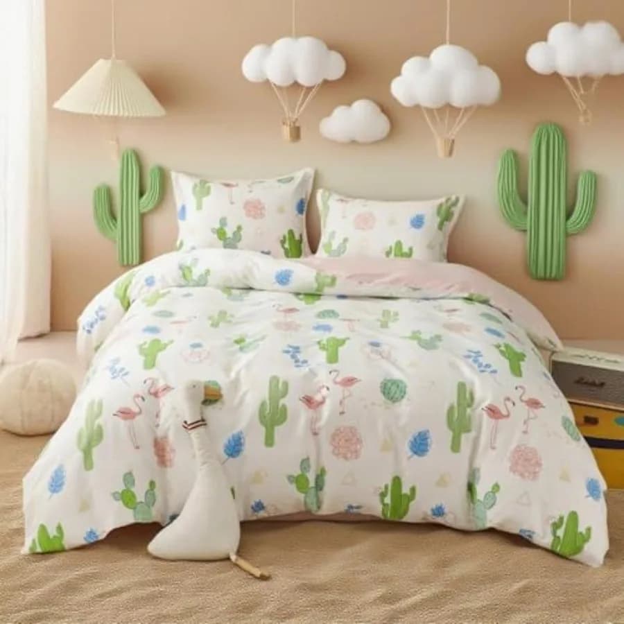 Set Copripiumino 100% Cotone Biologico per Ragazzi, 3 Pezzi, Morbido Copripiumino con Chiusura a Cerniera, Caldo e Adorabile Set Biancheria da Letto con Motivo Fenicottero