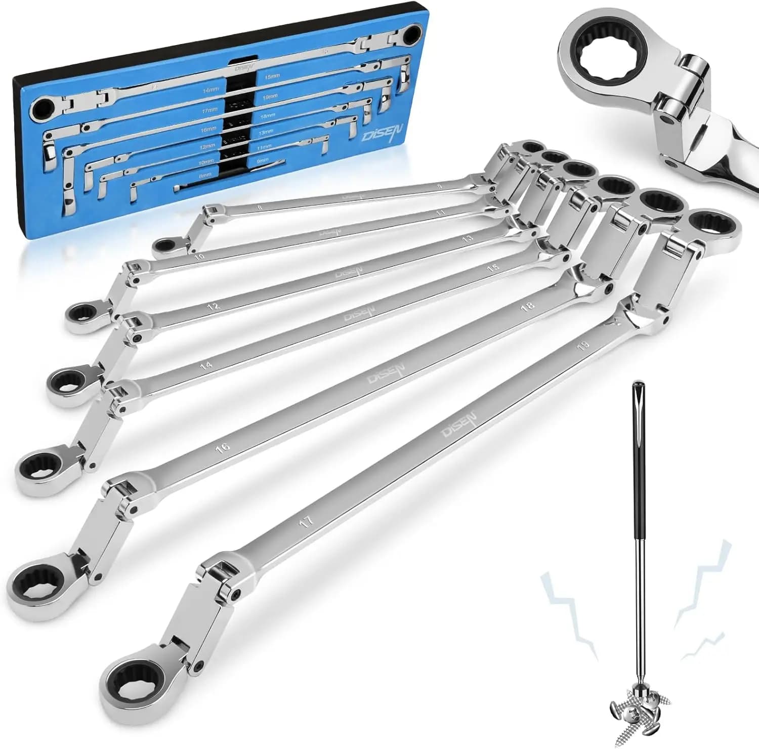 Set di chiavi a cricchetto metriche da 6 pezzi, testa flessibile a doppia giuntura da 8-19 mm con attacco magnetico, acciaio Cr-V a 72 denti