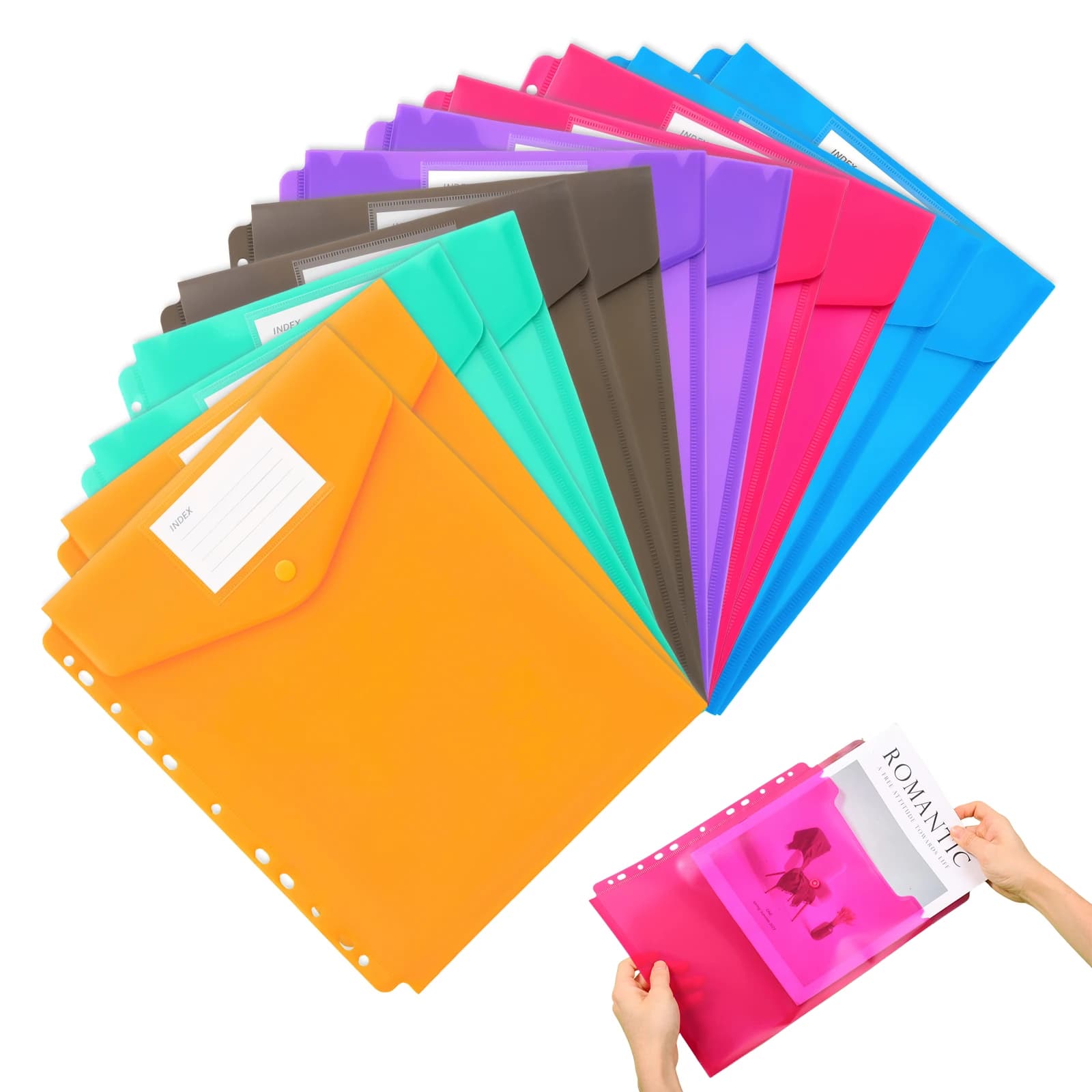 12Pcs Colorful A4 File Folders 11-Hole Binder Pockets Durable PP Organizer Plastic Snap Button File Pouch For School Office Home