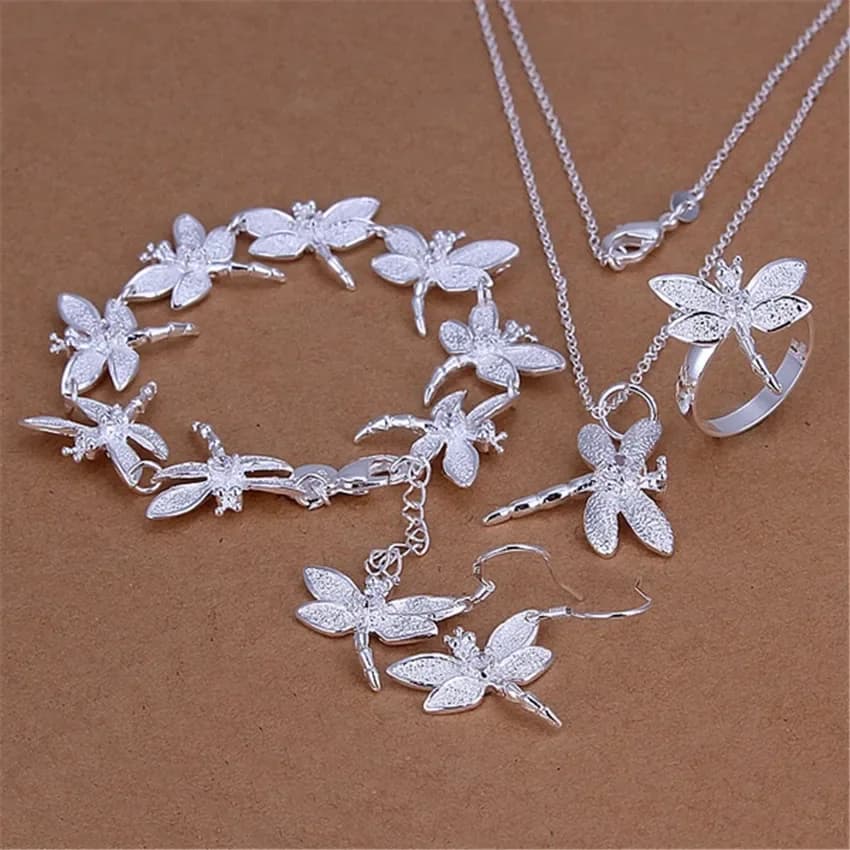Sterling 925 Sterling Silver Jewelry Set with Libellula Shape Crystals, Pendant Necklace, Earrings, Bracelet and Women's Rings