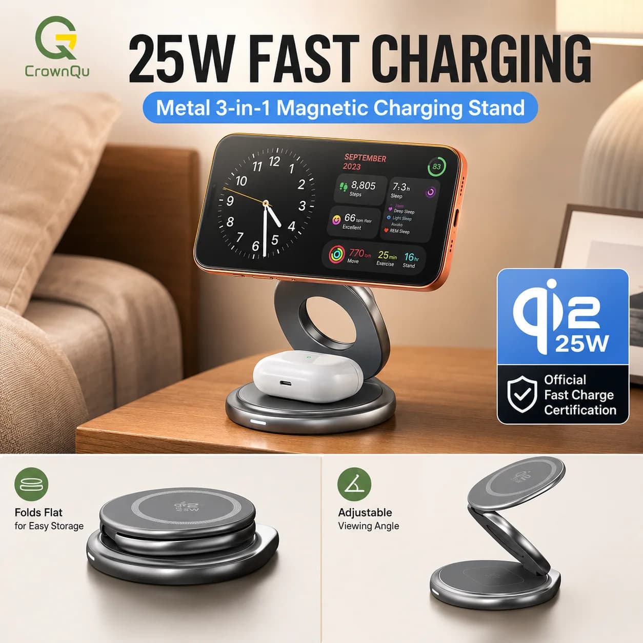 Qi2.2 Magnetic Wireless Metal Charger 3 in 1 Quick Charging Station 25 W 360 ° Foldable Rotation for iPhone 17 16 15 Watch Airpods