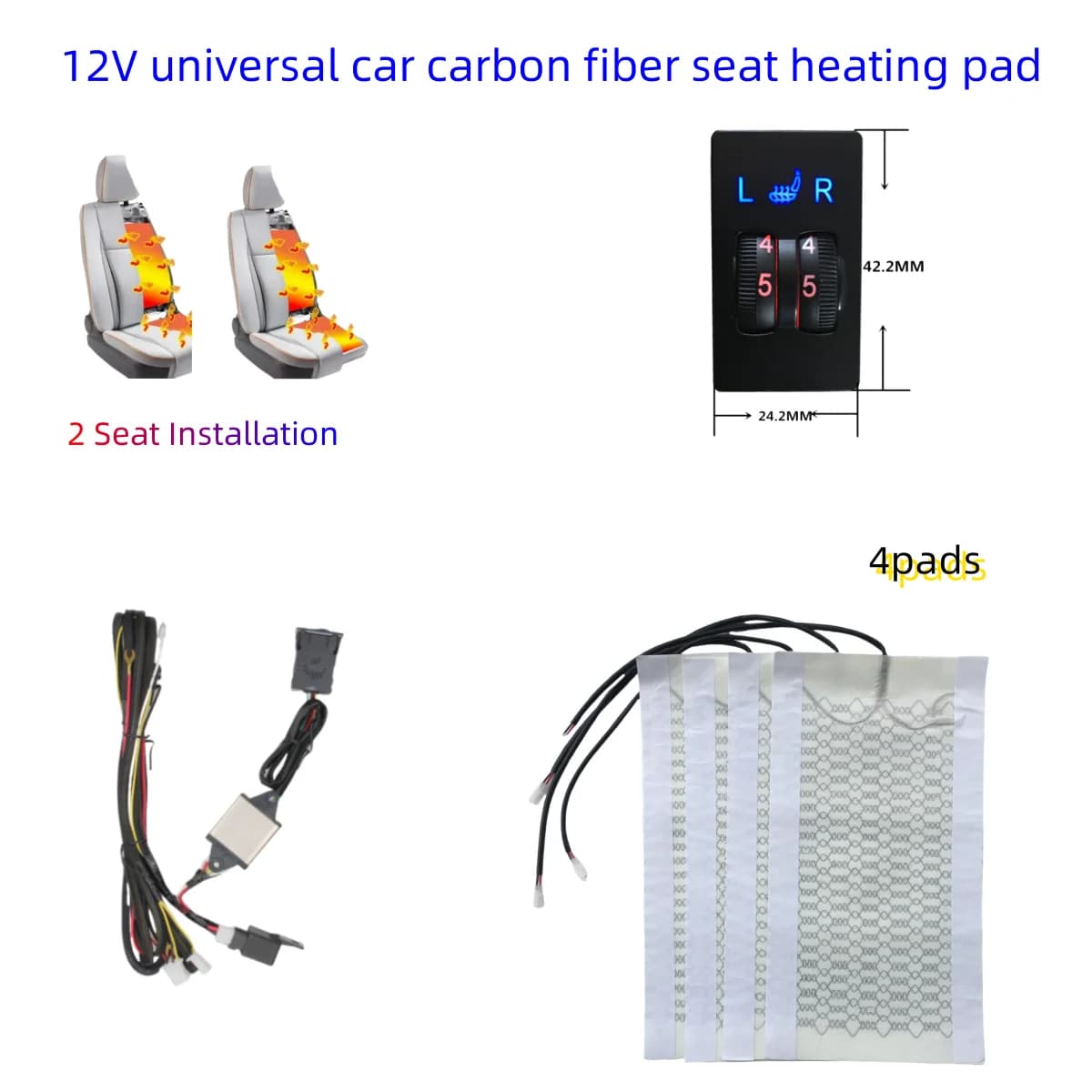 Universal 12V integrated car seat heater suitable for 2 Seaats 2 dial double control switch at 5 levels carbon fiber heating pad as winter warmer