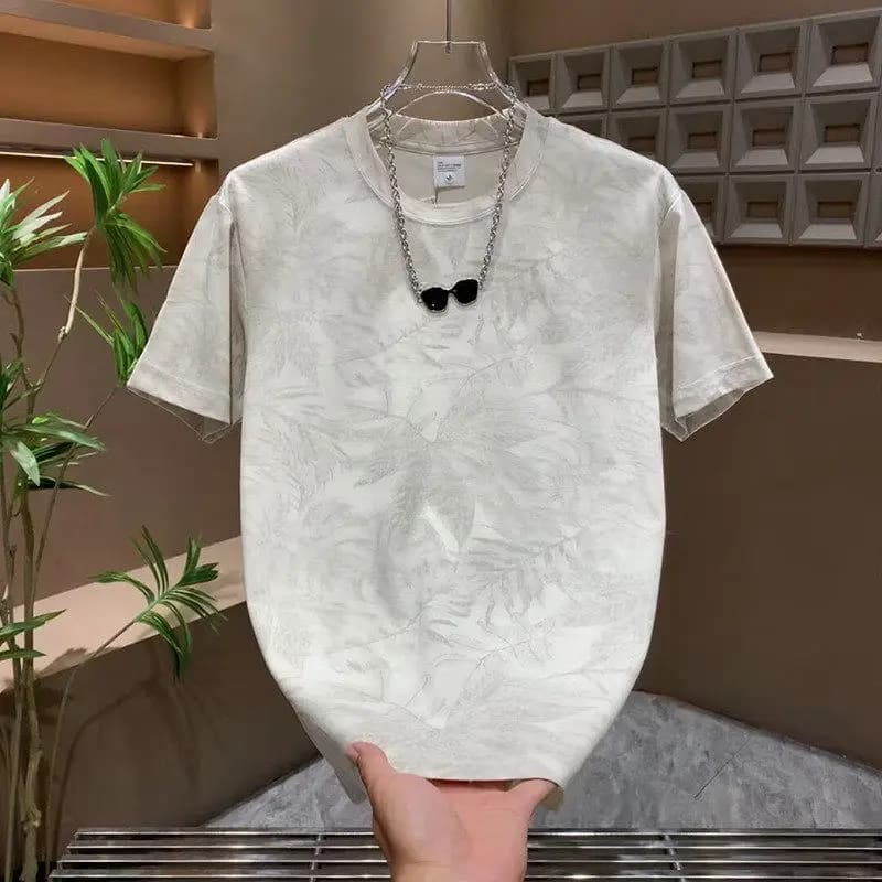 Summer Cool Feeling Ice Silk Short Sleeve Men's T-shirt Trendy Top Dyed Leaves Design Outerwear T-shirt for Teenagers