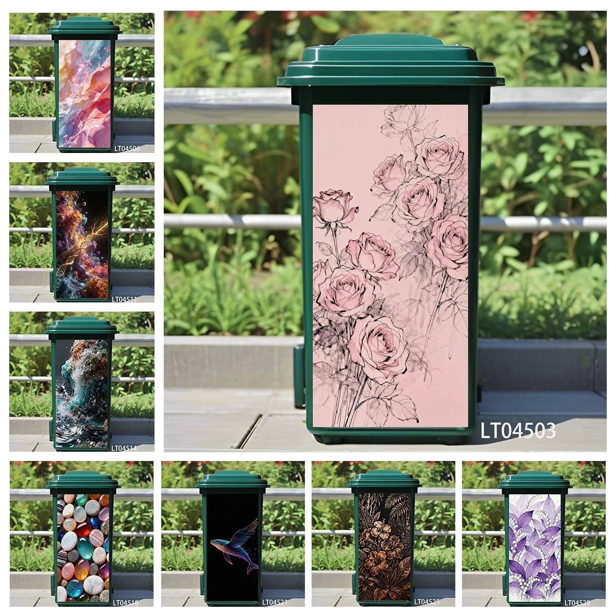Adesivi per bidoni della spazzatura in PVC impermeabili e resistenti all'usura, design con pittura ad acquerello e inchiostro da sogno