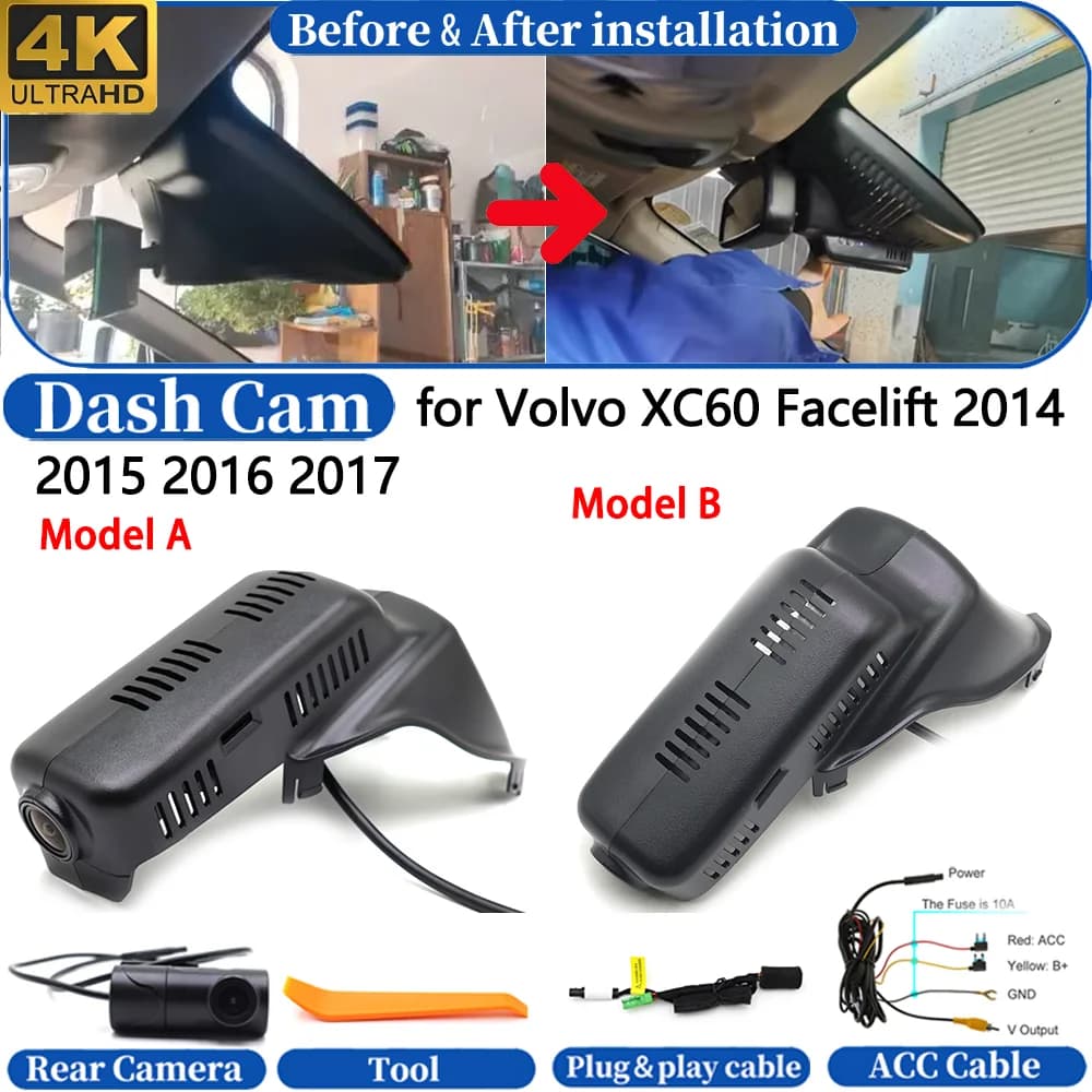 Dash Cam for Volvo XC60 Facelift 2014-2017 Front＆Rear 4K UHD DVR Dashboard Camera Video Drive Recorder Night Vision Parking Mode
