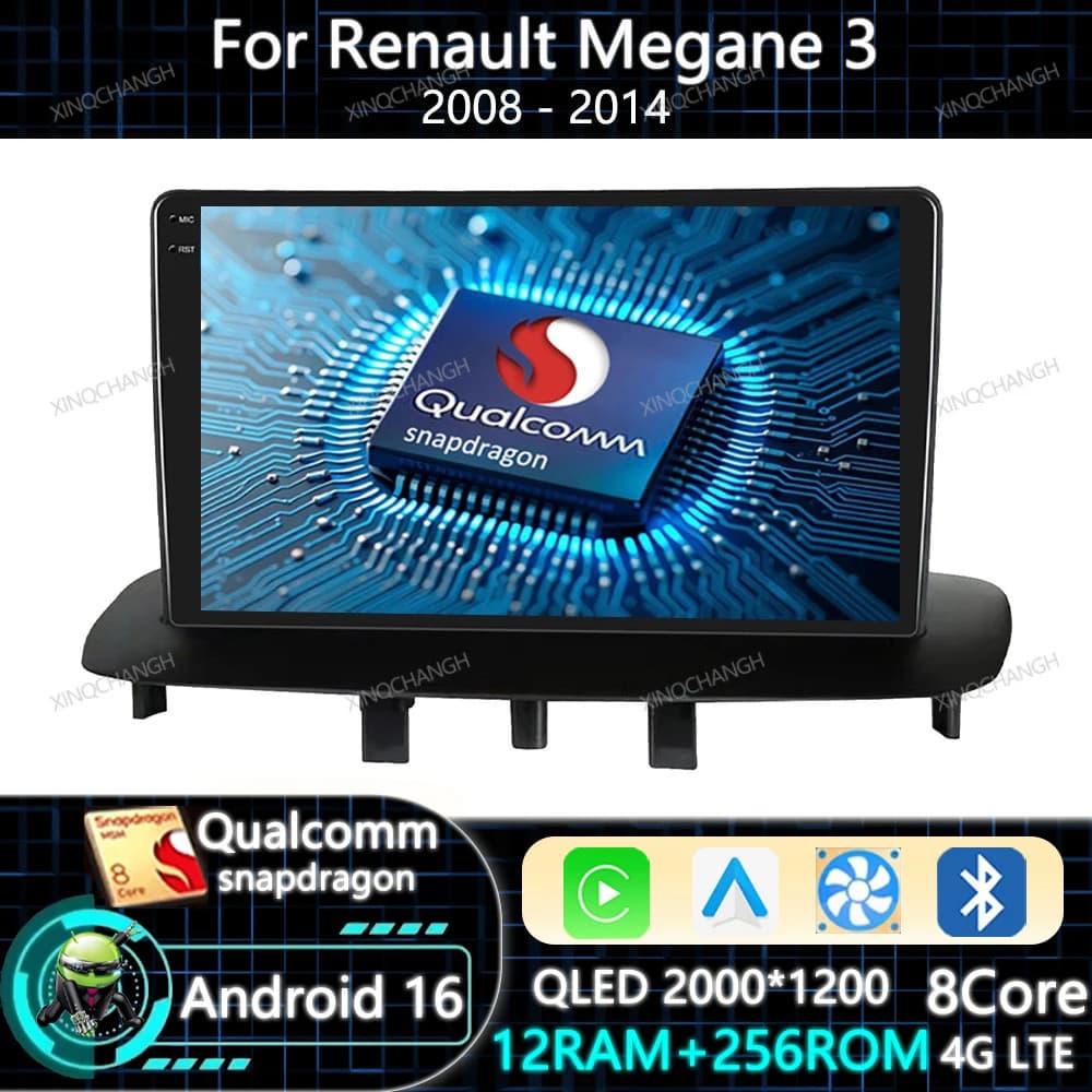 Android 16 Car Radio Carplay Auto For Renault Megane 3 2008 - 2014 BT GPS 2DIN Qualcomm Multimedia Video Player Head Unit QLED
