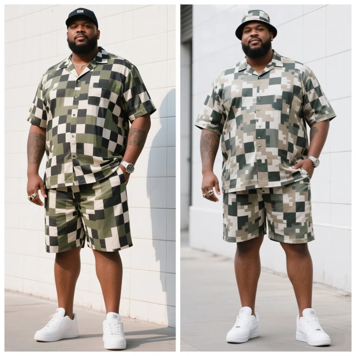 S-9XL Big and Tall Men Camo Pixel Checker Print Oversized Shirt Shorts Set Multi-Color Casual 2-Piece Outfit