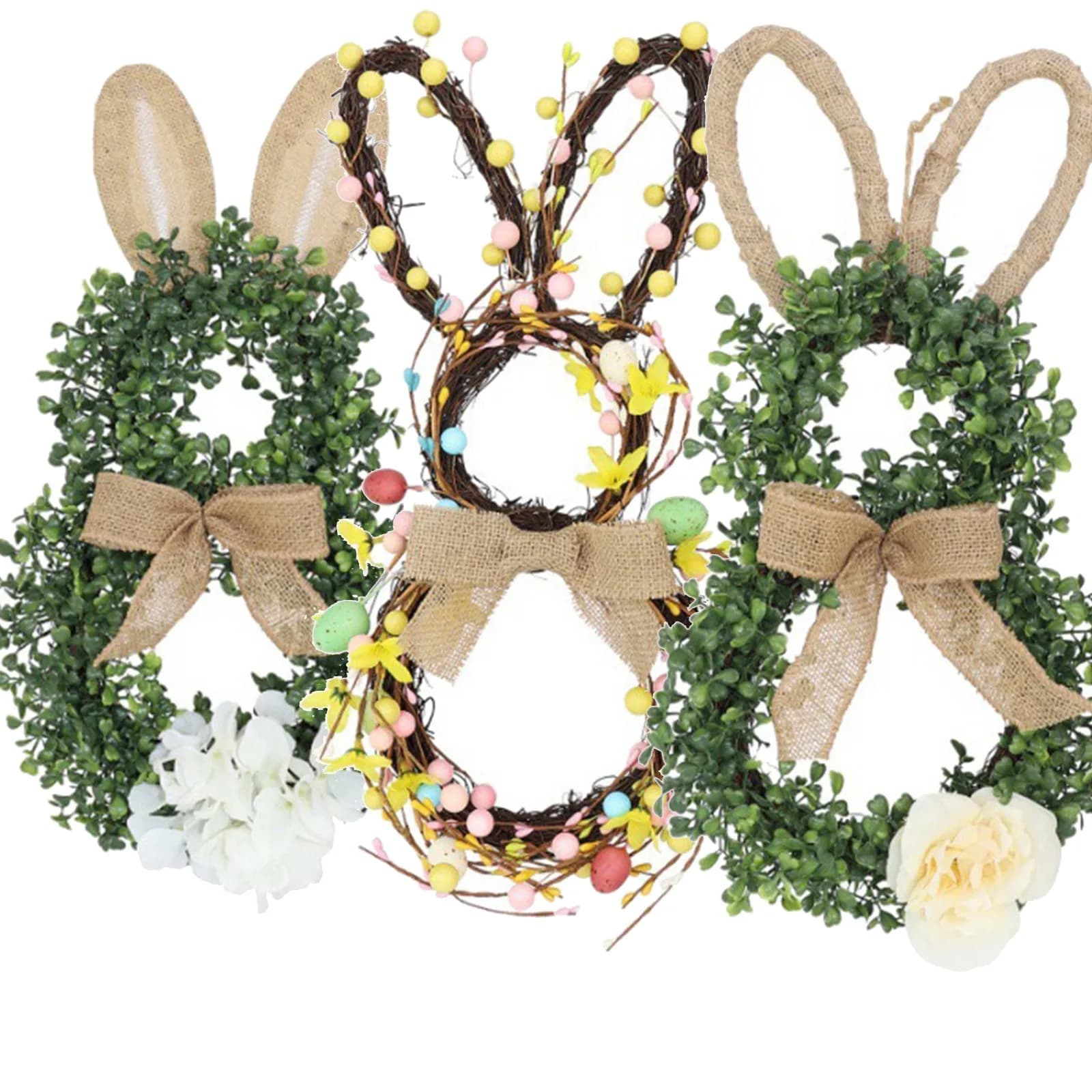 Ghirlanda Pasquale Artificiale Verde con Coniglietto, Uova Intrecciate in Rattan e Fiocco in Lino, Decorazione per Porta in Stile Pastorale
