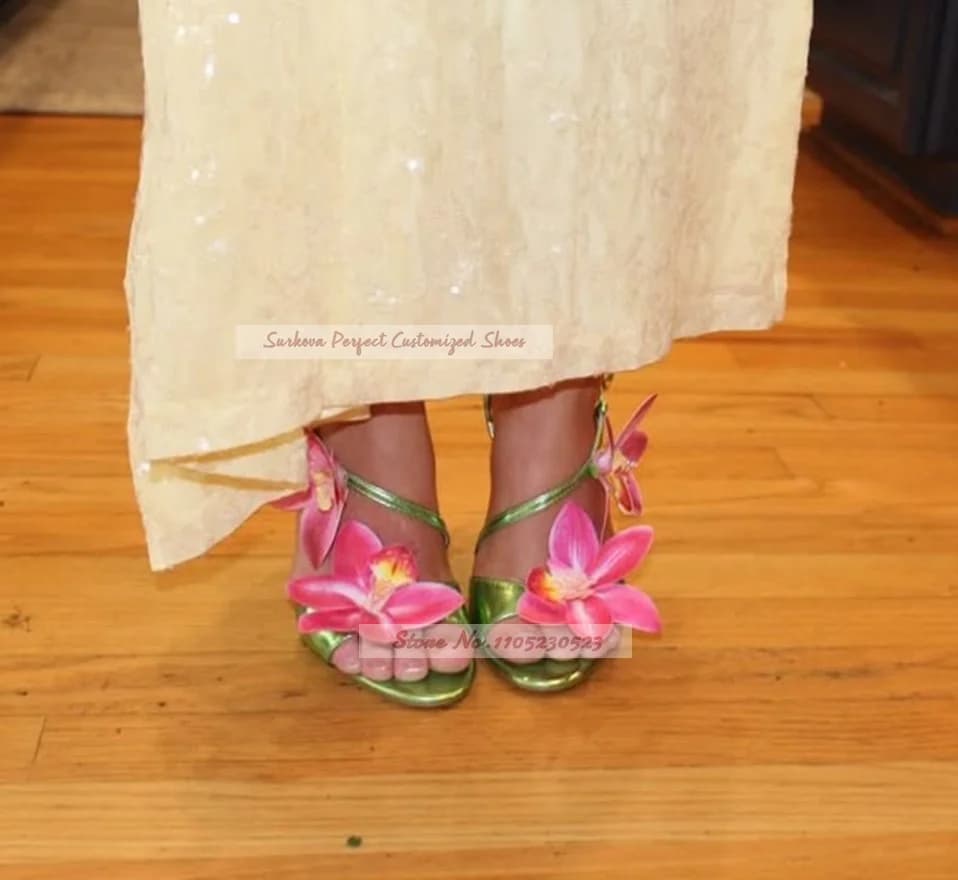 Metalic Matte Slingback Flowers Decor High Heel Sandals Twisted Strap Buckle Yellow Pink Blossom Bride Dress Shoes Elegant Pumps