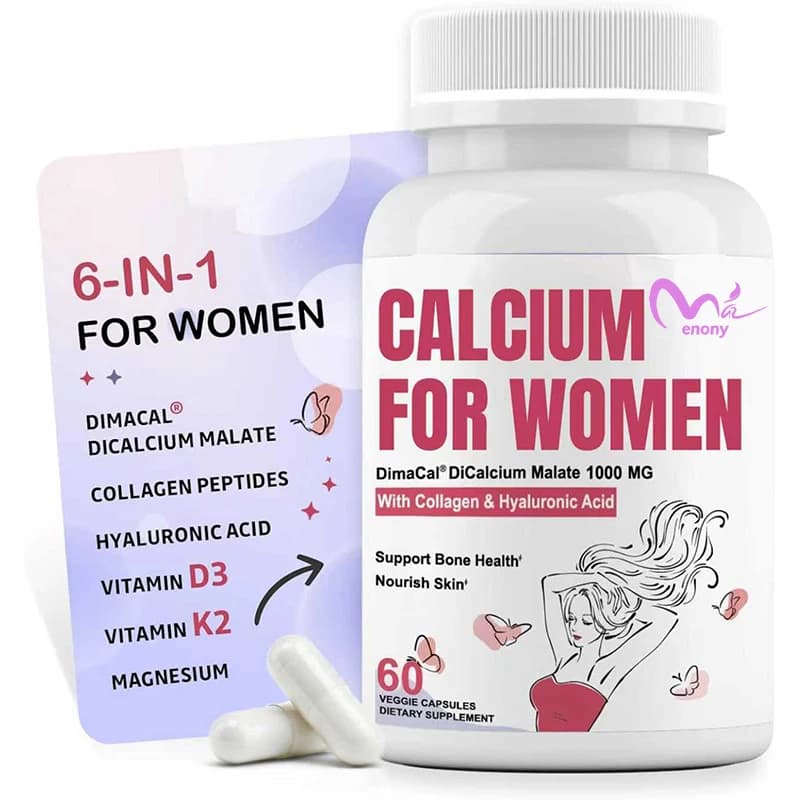 Integratore di calcio da 1000 mg, contenente vitamina D3, K2, magnesio, collagene, supporto per ossa e pelle, 60 capsule vegetali