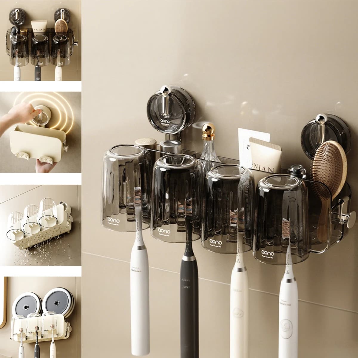 Organizzatore per spazzolino a ventosa sottovuoto senza trapano con tazza per risciacquo e porta dentifricio Organizzatore da bagno impermeabile a parete