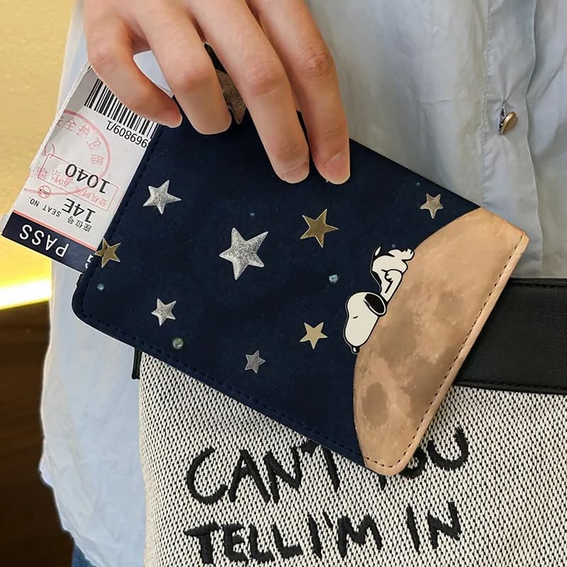 Snoopy anime passport cover, multi-function card holder, wallet, PU leather travel document organizer, ID card protective cover