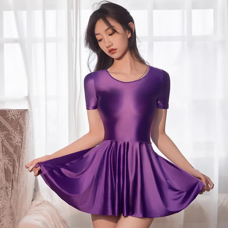 Sexy Gloss Tights Short sleeve round neck Shiny One piece short skirt sports Oil smooth summer dress