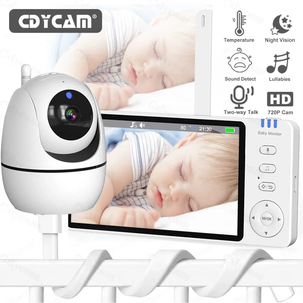 Baby Monitor Video con Telecamera e Audio, Display da 5 Pollici Senza WiFi, Telecamera per Bambini con Funzione Pan-Tilt-Zoom, Visione Notturna, Comunicazione Bidirezionale