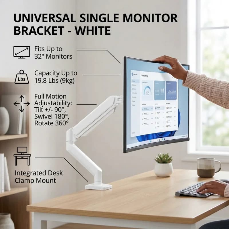 Supporto universale per monitor singolo, braccio regolabile per montaggio su scrivania, supporto resistente per monitor fino a 32 pollici.