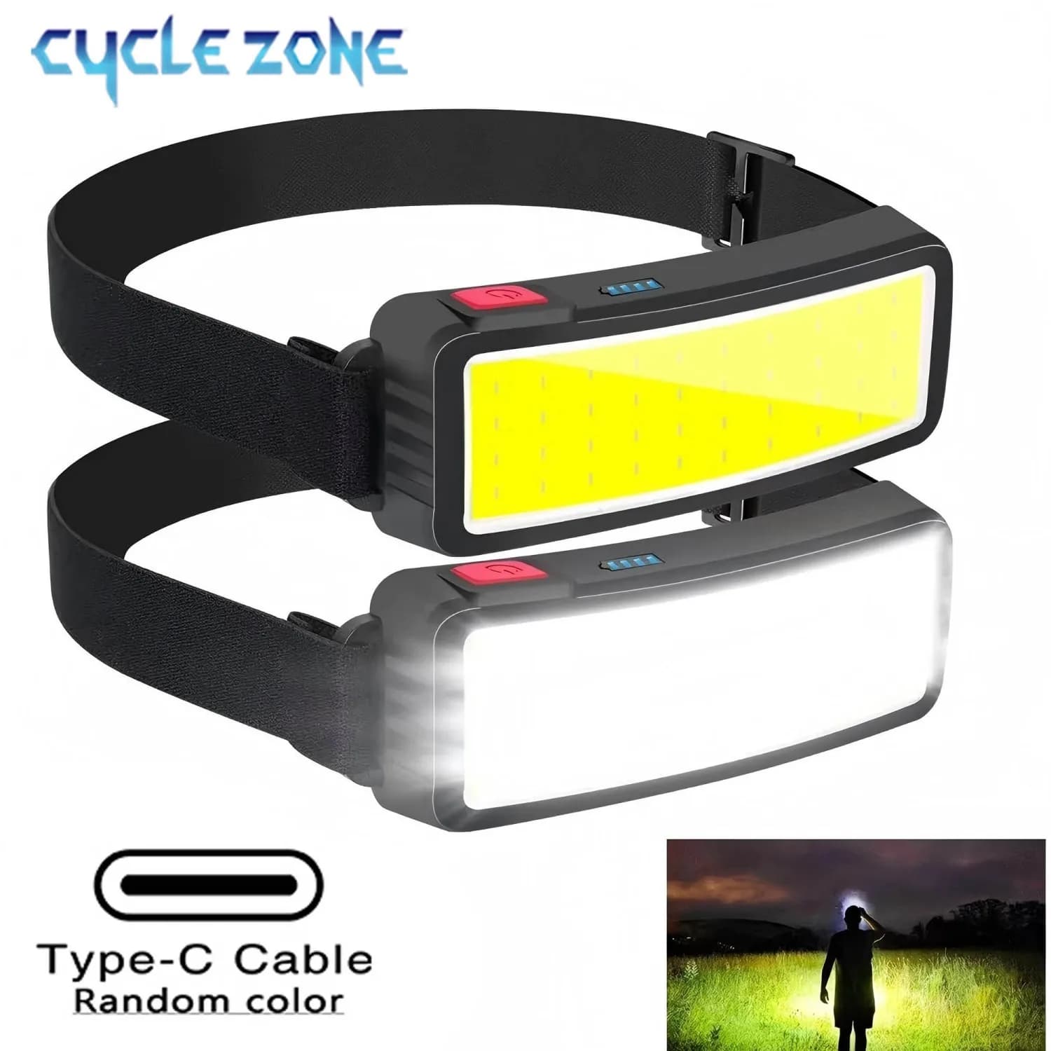 Torcia frontale a LED ricaricabile con faro portatile COB 180 ° Proiettore 3 modalità Escursionismo Lampada da campeggio Pesca Arrampicata Lanterna