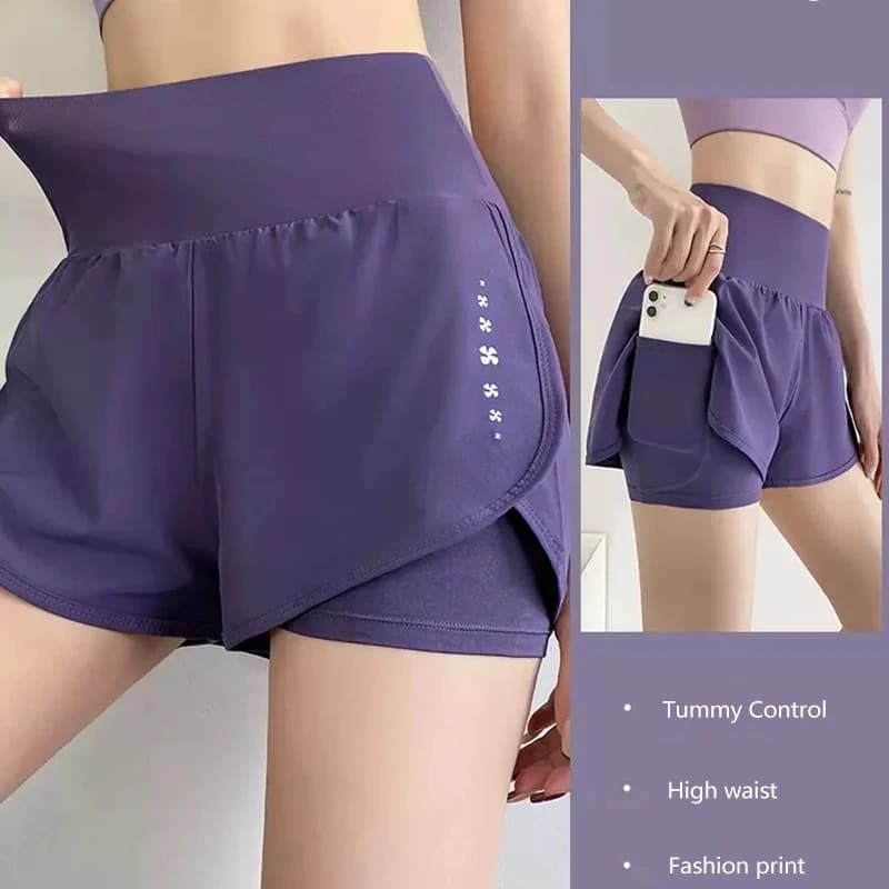 Pantaloncini sportivi da palestra Pantaloni corti elastici a vita alta da donna con tasche Leggings da yoga in due pezzi finti Pantaloncini da allenamento per corsa