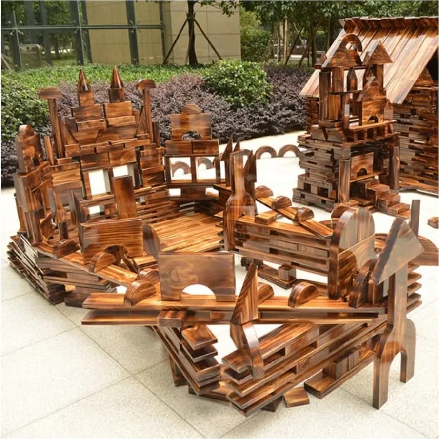 Set di blocchi da costruzione giganti in legno carbonizzato marrone naturale da 45 pezzi per uso esterno in giardini d'infanzia, per bambini dai 3 ai 12 anni, peso 34 libbre.