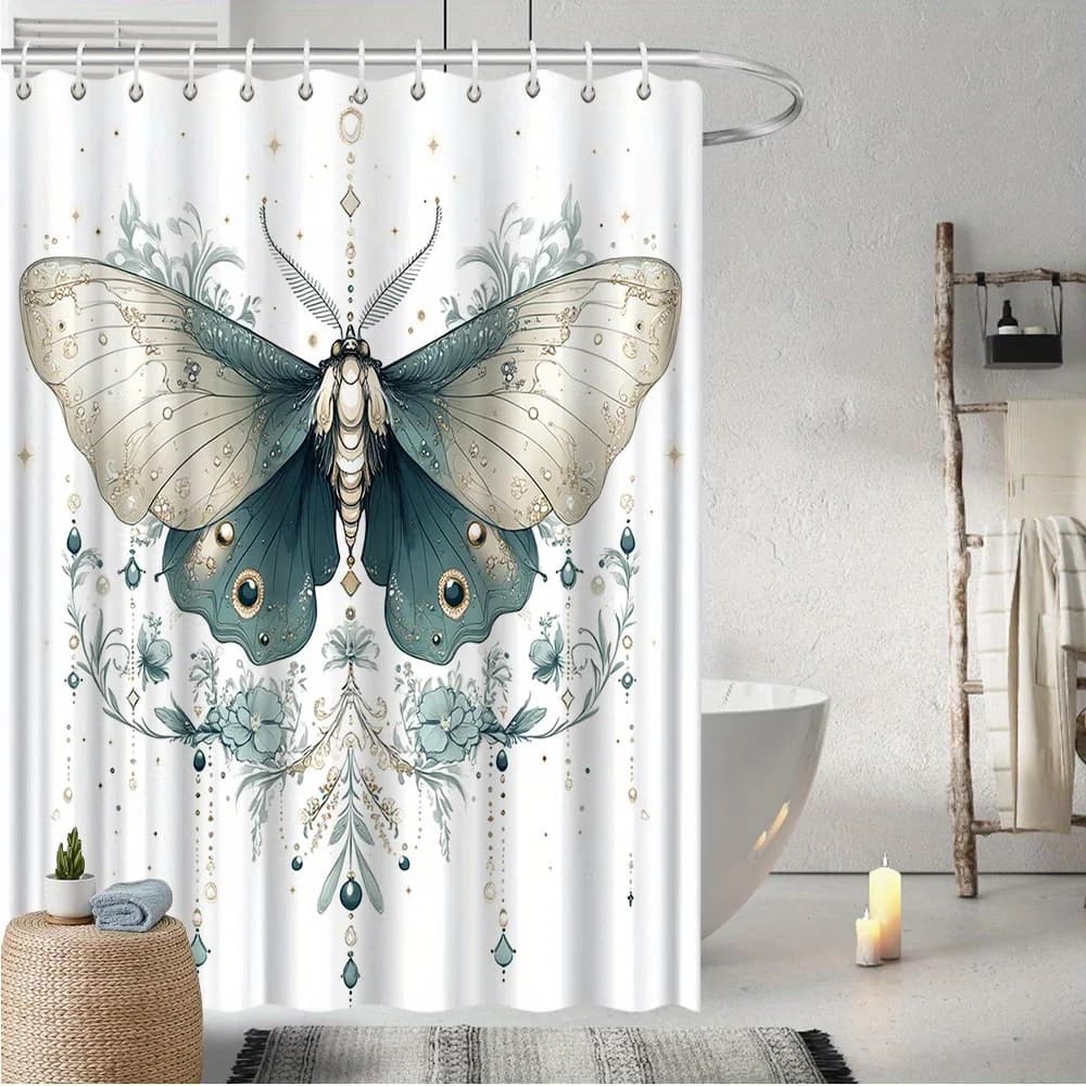 Shower curtain with butterfly and floral, blue water and beige art print, elegant polyester, fading resistant, bathroom furniture all year round