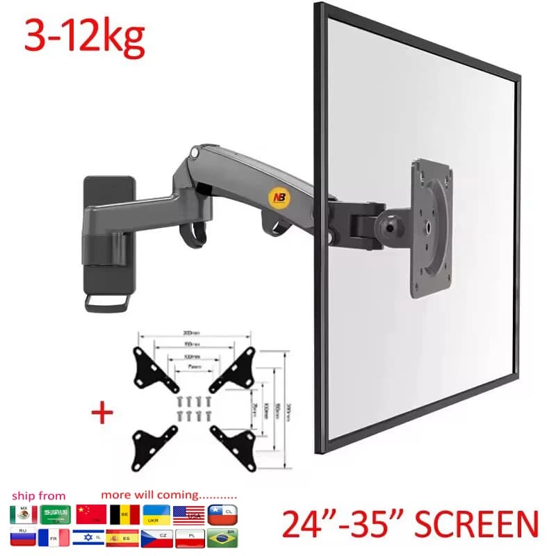 Wall mount for TV monitor NB NEW F150 3-12kg aluminum with gas spring, complete 2-arm movement, for 24"-35" LCD screens, LED monitor support.