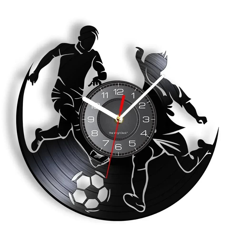 Orologio da parete per camera da ragazzo di calcio Design moderno Orologio da parete con disco in vinile per calcio Giocatore di calcio Decorazione per la casa Disco in vinile murale