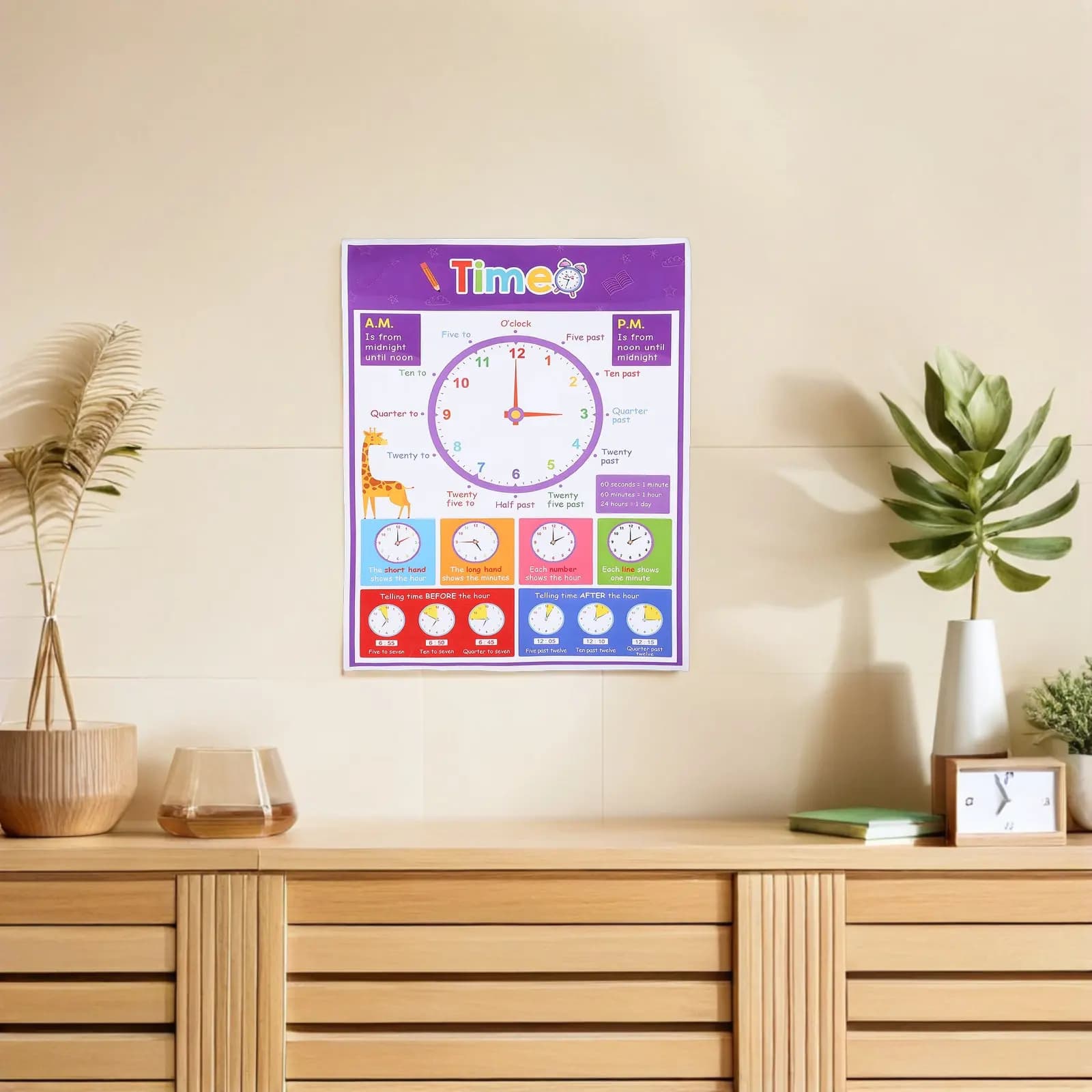 Poster Educativo del Tempo per Aula, 40x50cm, con Illustrazione di Orologio Analogico, Ausilio Didattico per Scuola e Asilo
