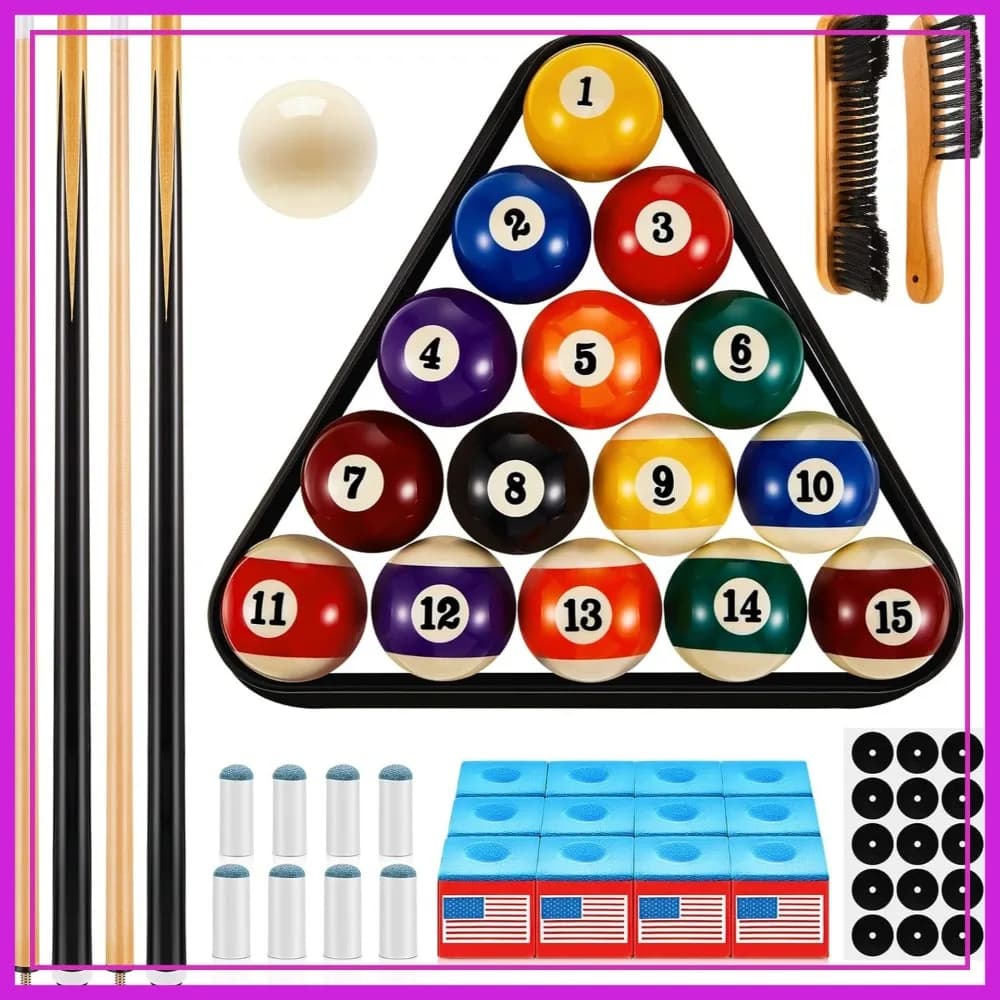 Set di accessori per biliardo da 71 pezzi – Palline, 2 stecche da biliardo, supporto triangolare, gesso, spazzola e adesivi per punti di riferimento per principianti
