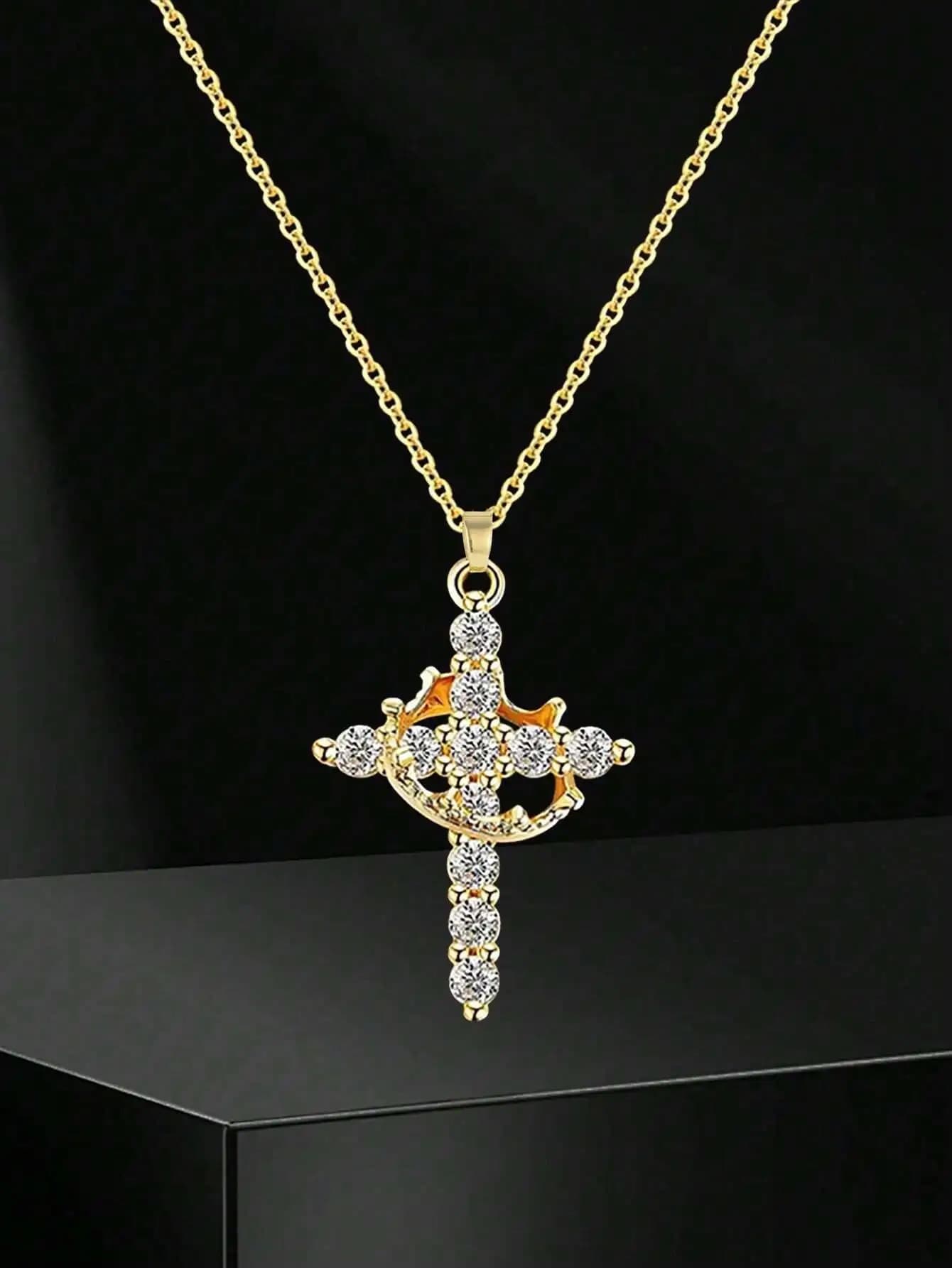 1pc Elegant Shiny Crown Decorated Cross Stainless Steel Pendant Necklace, Suitable For Girls, Versatile Luxury, Ideal For Parties, Banquets, Holidays, Christmas, And Daily Wear As A Gift