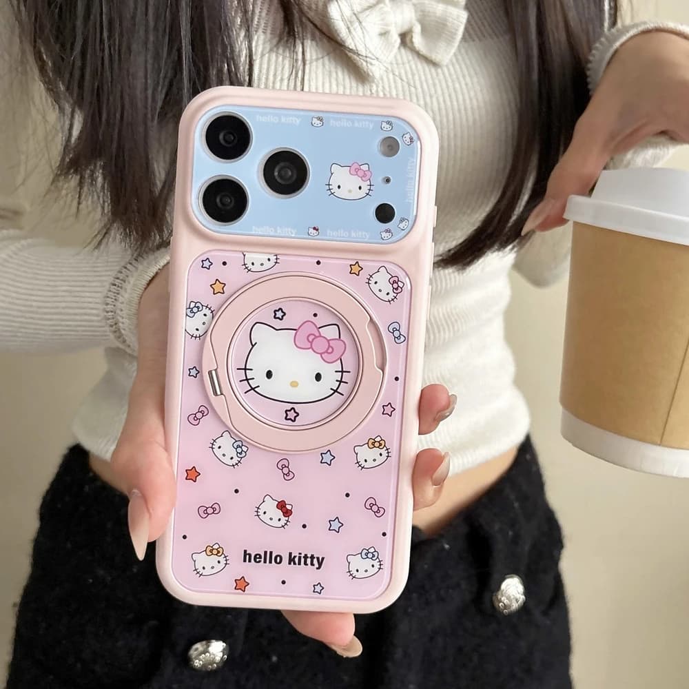 Cute Cartoon Sanrio Y2K Hello Kitty Star Phone Case 360°Rotation Stand Holder For iPhone 17 16 15 Pro Max With Ring Holder Cover