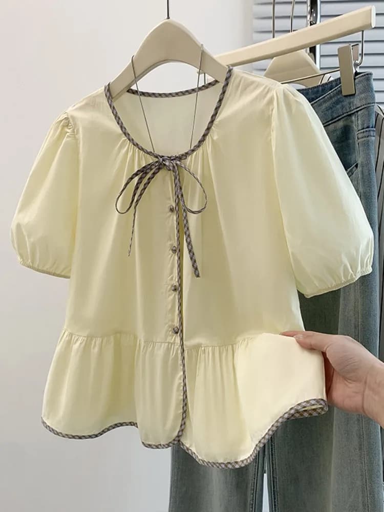 Elegant Korean Style Knot round Neck Shirt Women's Summer Loose Sweet Doll Top Breathable Thin Short Sleeve Blouse