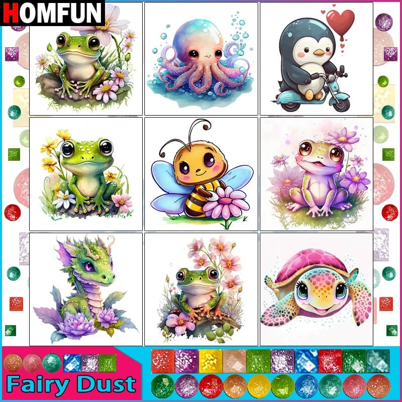 HOMFUN Fairy Dust 5D DIY Diamond Painting "Cartoon Frog Dragon Bee" Full Drill Resin Diamond Embroidery Cross Stitch Home Decor