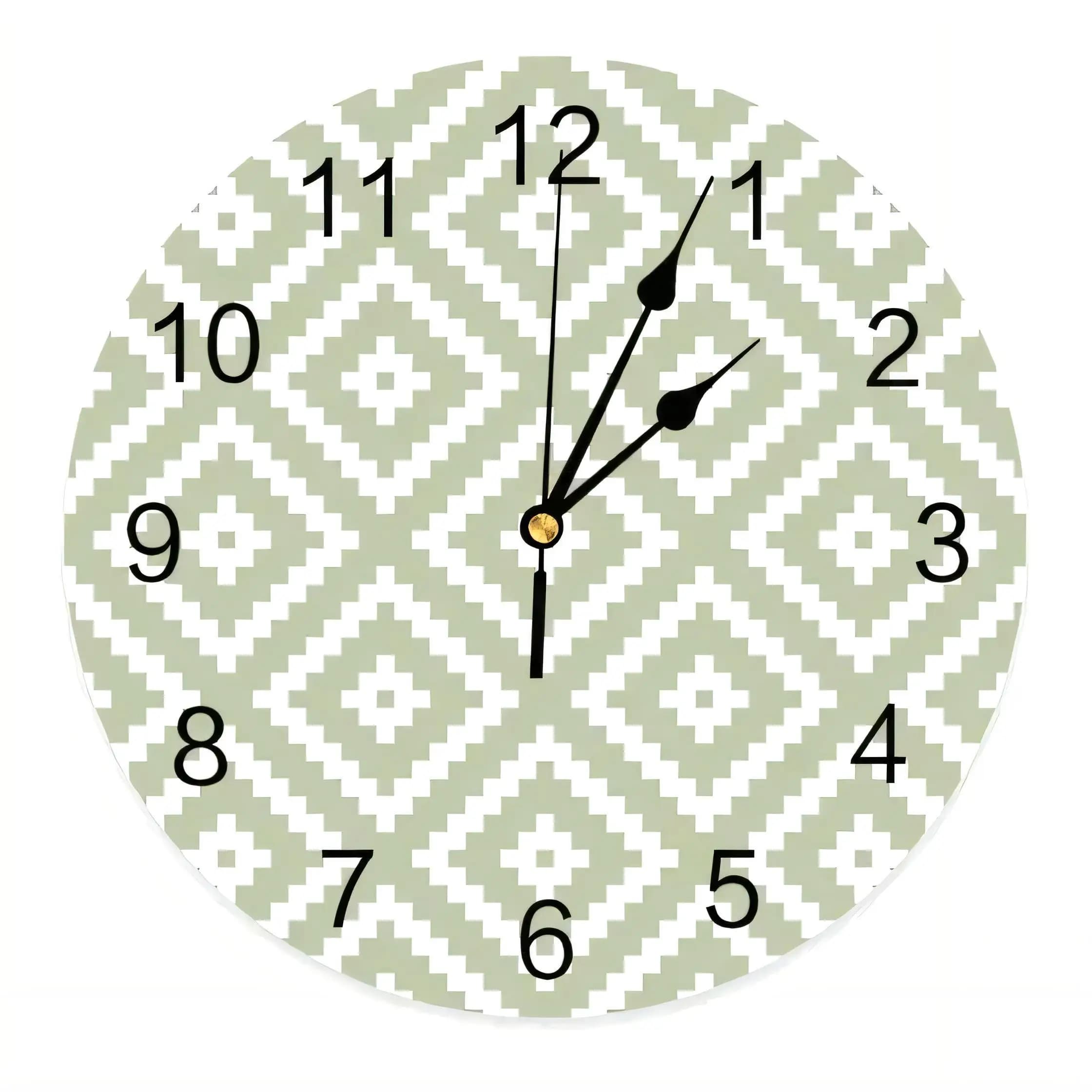 Modern Round Wall Clock Sage Green Geometric Pattern Silent Non Ticking Battery Operated Decorative Home Office