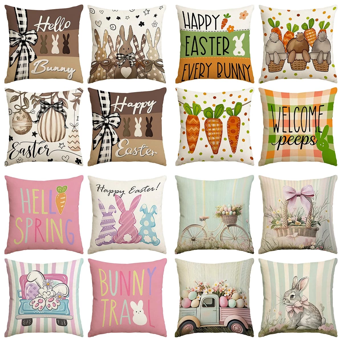 4 Piece Spring Happy Easter Pillow Federation, Cute Rabbit, Plant Flowers, Easter Egg Printing, Home Decoration, Farm Sofa Bedding