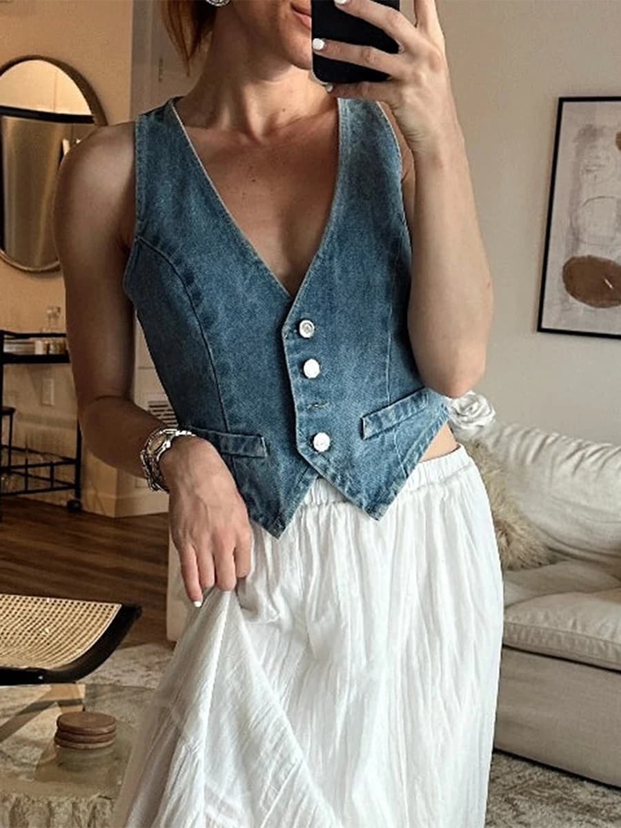 Gilet di jeans da donna Casual estate con scollo a V con bottoni sul davanti canotte senza maniche Y2k giacca di jeans estetica gilet Streetwear