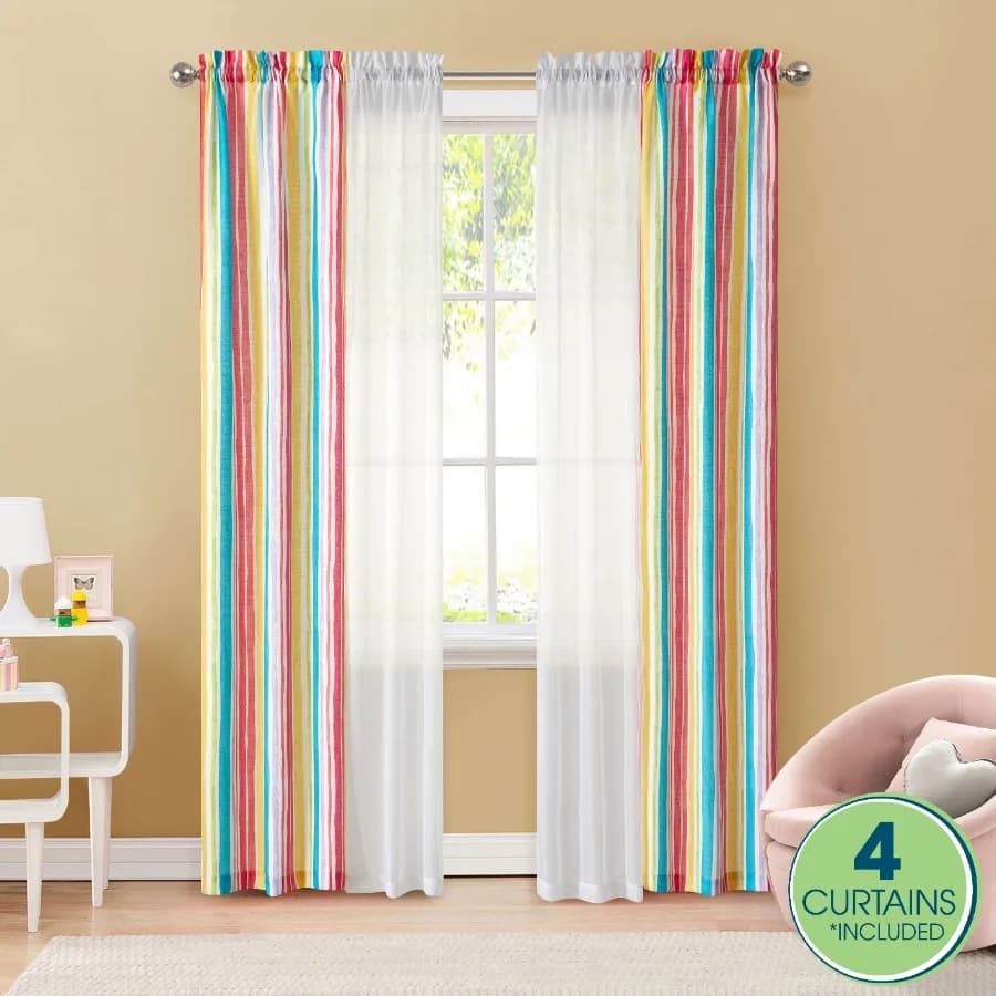 Curtain and Sheers Panel Set 4-Piece Watercolor Stripes 27.5" W x 54" L
