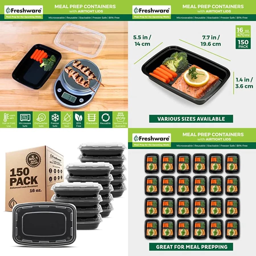 Contenitori per la preparazione dei pasti [150 pezzi] 1 scomparto con coperchi, contenitori per la conservazione degli alimenti, Bento Box, senza BPA, impilabili, adatti per microonde/lavastoviglie