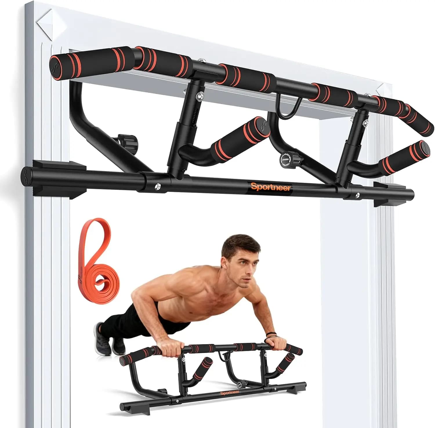 Door traction bar with folding handle, multi-handle trainer for upper body, strength training for home gym