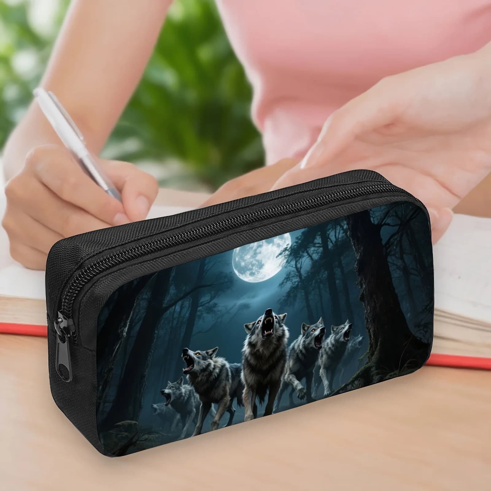 Pencil Case Halloween Night Wolf Pattern Portable Stationery Storage Pouch Stationery Pouch Bag for School and Office Sturdy