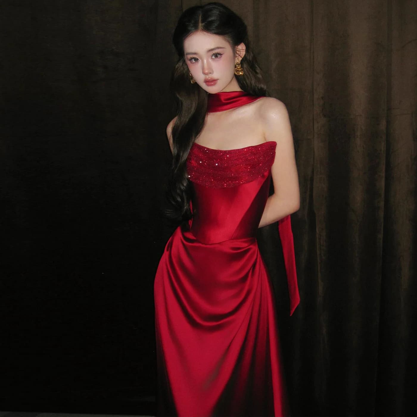 Abito da Sposa Rosso con Spalline, Vestito Lungo da Sera Elegante per Cerimonia di Fidanzamento, Lusso per Hostess