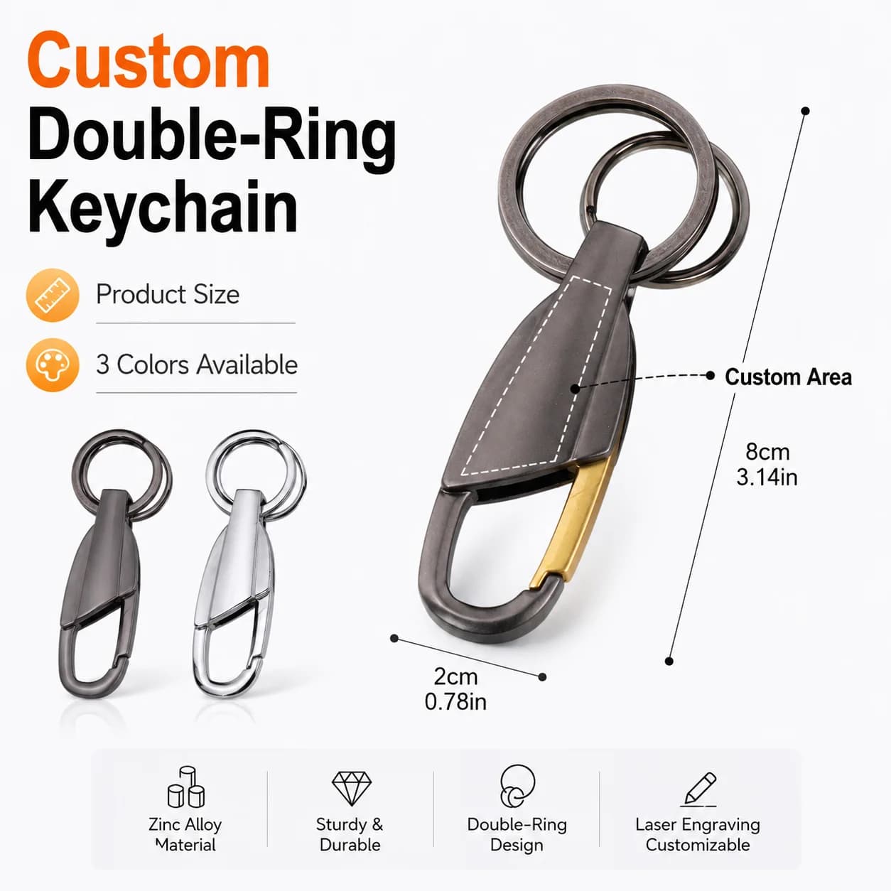 Personalized Double Ring Keychain Custom Laser Engraving, Zinc Alloy Key Ring for Everyday Carry, Gift forFamily Travel