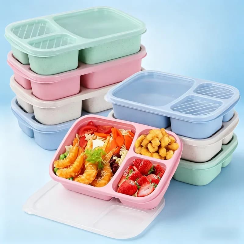 Set di Contenitori per Pranzo Bento a 3 Scomparti, Contenitori per Alimenti in Paglia di Grano, Scatola per Preparazione Pasti, Contenitore in Plastica per Conservazione Alimenti