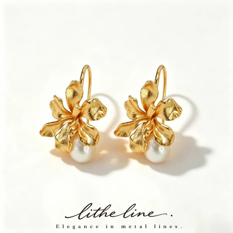 Litheline 24K Gold Plated Brass Iris Flower Fish Hook Earrings, Baroque Pearl Lead-Nickel-Sensitive Piercings Friendly