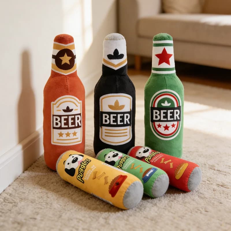 Giocattolo per cani a forma di birra realistica, con suono BB, resistente, per la pulizia dei denti, morbido, lavabile in lavatrice, per alleviare la noia