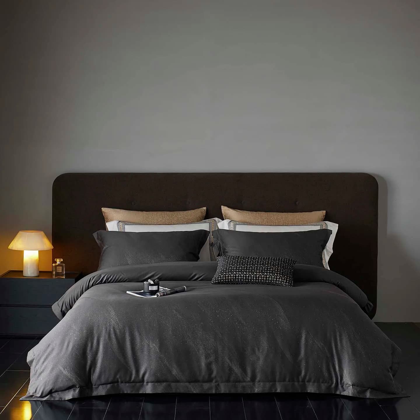 Premium Lyocell Cotton Jacquard 4Pcs Bedding Set, Dark Grey Silky Duvet Cover, Soft Breathable Luxury Bed Linen, Queen King Size