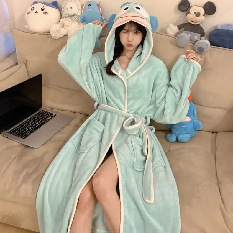 Cute Pom Pom Purin Hangyodon Hooded Fleece Bathrobe Kawaii 3D Ear Design Flannel Sleep Robe Soft Warm Plush Long Home Loungewear