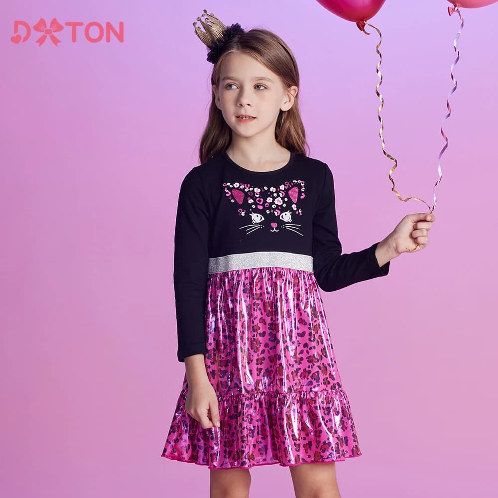DXTON bambini abiti Casual autunno inverno abito manica lunga per ragazze stampa leopardata abbigliamento per ragazze Cute Cat Cartoon Kids Dress